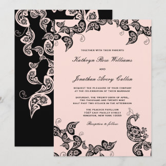 Vintage Chic Floral Black Peacock Wedding Invite