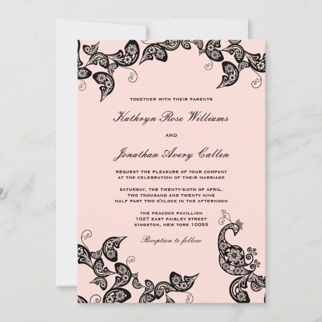Vintage Chic Floral Black Peacock Wedding Invite (Front)