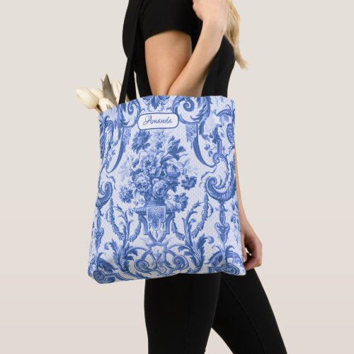 Vintage chic floral Blue toile monogram Tote Bag