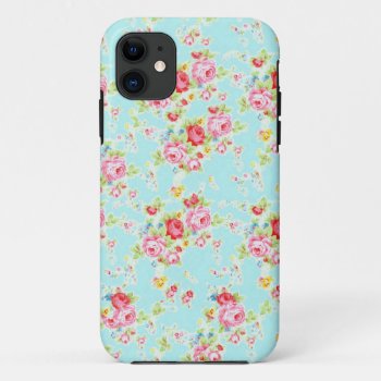 Vintage Chic Floral Roses Blue Shabby Rose Flowers Iphone 11 Case by iBella at Zazzle