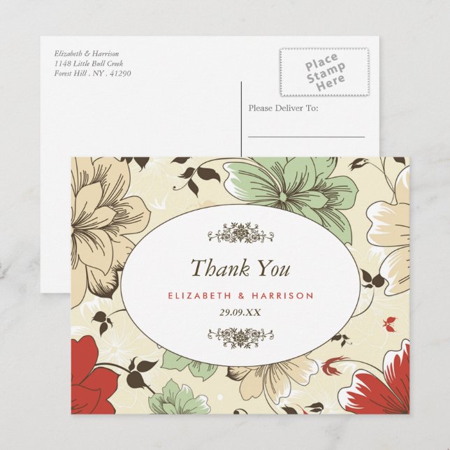Vintage Chic Floral Wedding Thank You Postcard (Front/Back)