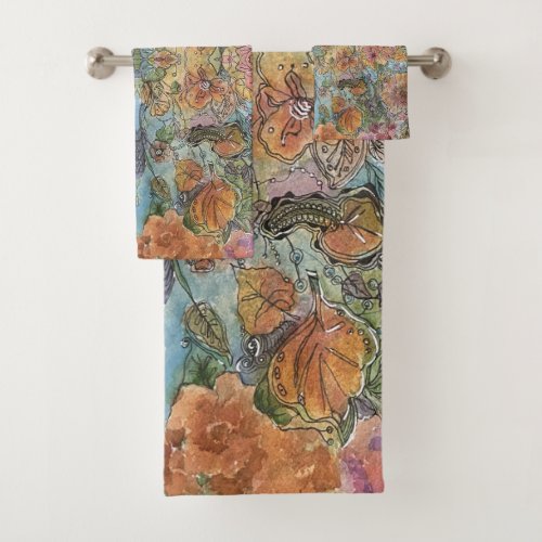 Vintage Chic Flower Garden Watercolor Painting  Bath Towel Set