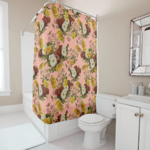 Vintage Chic Flowers 0n Coral Salmon Pink Shower Curtain