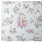 Vintage Chic French Roses and Stripes Ceramic Tile<br><div class="desc">Lovely and elegant restored French-style vintage pattern featuring pastel pink roses with green and gold foliage and vines intertwined with a subtle light blue and antique white striped background.</div>