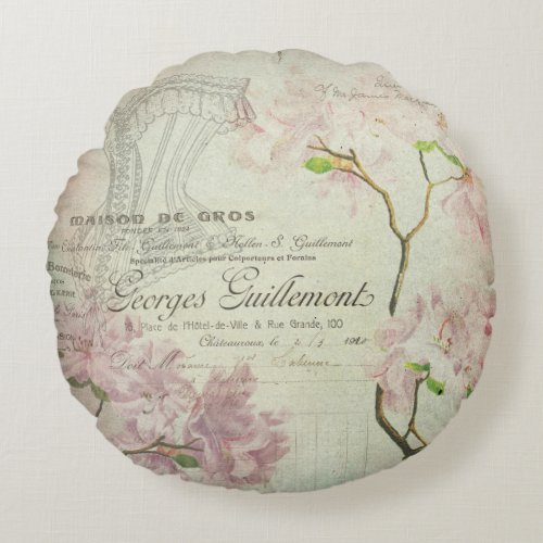 Vintage Chic French Script Shabby Flowers Corset Round Pillow