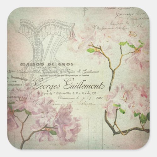 Vintage Chic French Script Shabby Flowers Corset Square Sticker