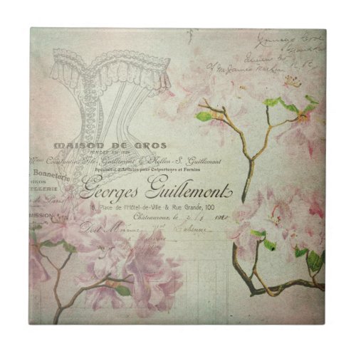 Vintage Chic French Script Shabby Flowers Corset Tile