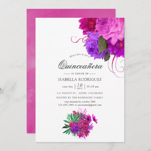 Vintage Chic Fuchsia and Purple Floral Quinceañera Invitation
