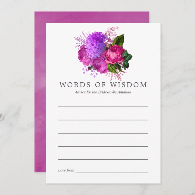 Vintage Chic Fuchsia & Purple Bridal Shower Advice Invitation (Front/Back)