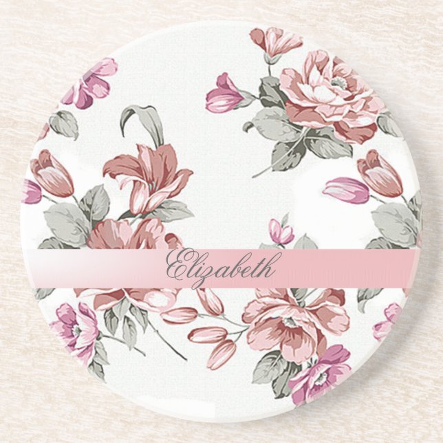 Vintage Chic Girly  Flowers-Personalized Drink Coaster (Front)