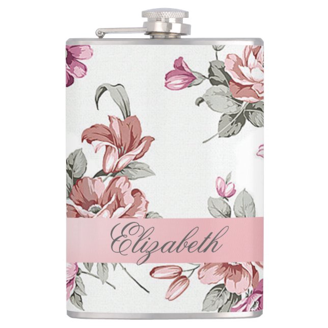 Vintage Chic Girly  Flowers-Personalized Hip Flask (Front)