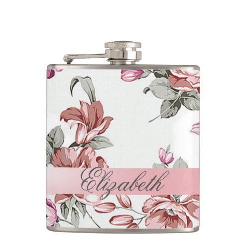 Vintage Chic Girly  Flowers_Personalized Hip Flask