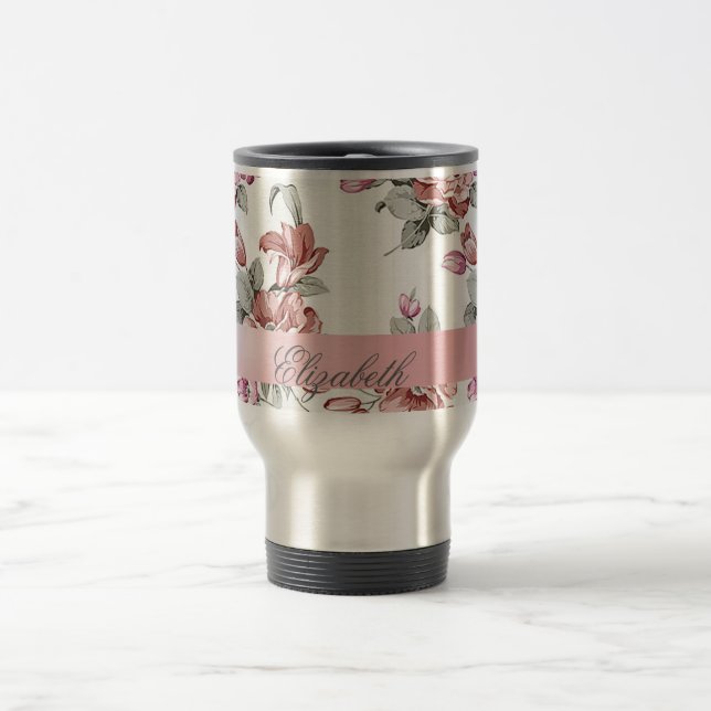 Vintage Chic Girly  Flowers-Personalized Travel Mug (Center)