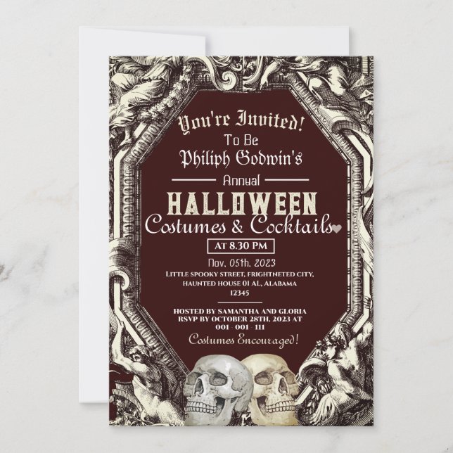 Vintage Chic Gothic Skull Halloween Costume Party Invitation (Front)