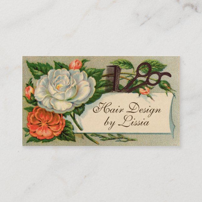 vintage chic orange hair stylist scissors flowers business card (Front)