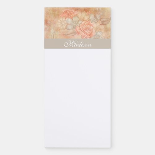 Vintage Chic Peach Pastel Floral Elegant Name Magnetic Notepad