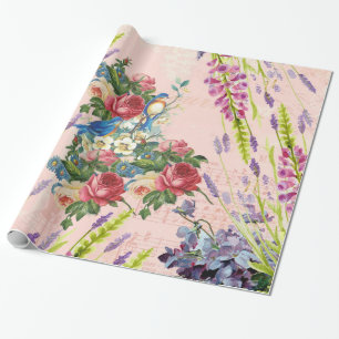Vintage chic pink blue birds floral pattern wrapping paper