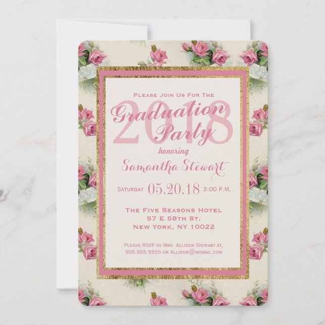 Vintage Chic Pink Floral Graduation Party Invites (Front)