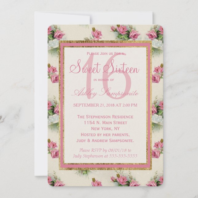 Vintage Chic Pink Floral Sweet 16 Invitations (Front)