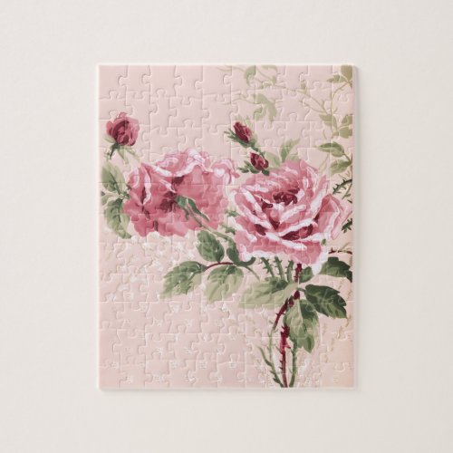 Vintage Chic Pink Roses Branches  Vines Jigsaw Puzzle
