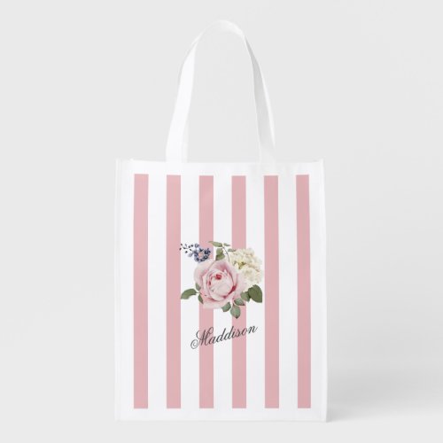 Vintage Chic Pink Striped Rose Bouquet Monogrammed Grocery Bag