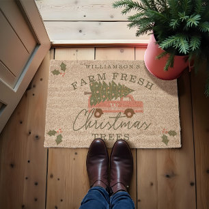 Vintage Chic Pink Van Farm Fresh Christmas Trees Fiber Doormat