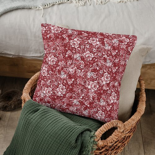 Vintage Chic Red White Classy Toile Floral Pattern Throw Pillow