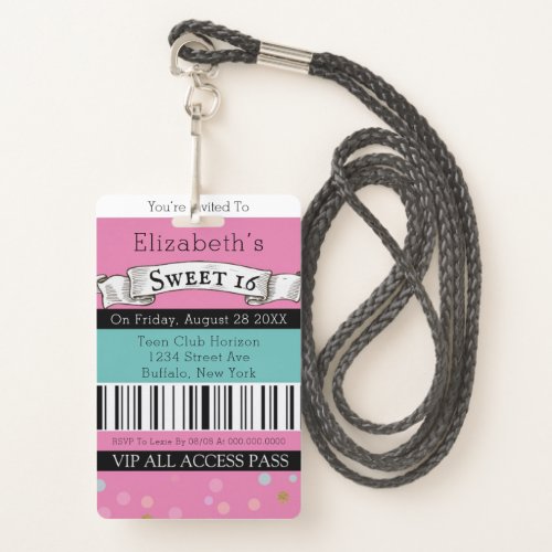 Vintage Chic Teal Pink VIP Sweet 16 Party Badge