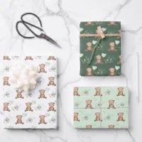 Vintage Chic Teddy Bear with Balloon Greenery Gold Wrapping Paper
