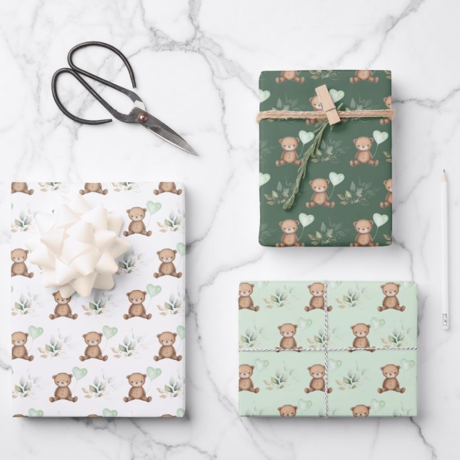 Vintage Chic Teddy Bear with Balloon Greenery Gold Wrapping Paper Sheets (Front)
