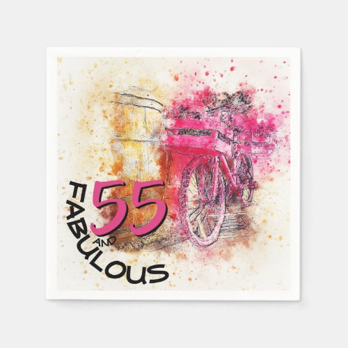 Vintage Chic Watercolor Pink Bicycle 55th Birthday Napkins