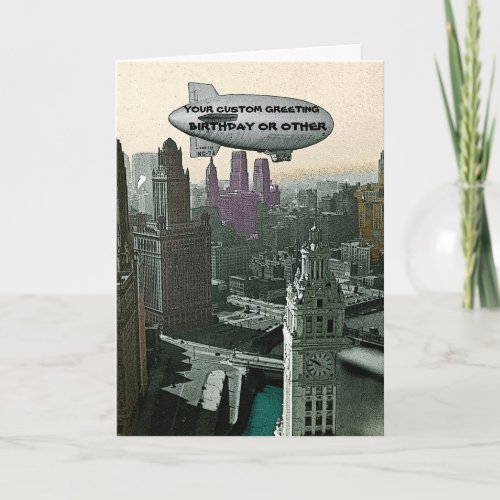 VINTAGE CHICAGO BLIMP OVER CITY COMIC BIRTHDAY PIC CARD