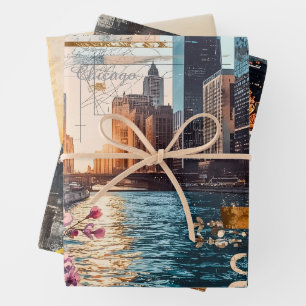 Vintage Chicago Collage Urban Reverie Wrapping Paper Sheets