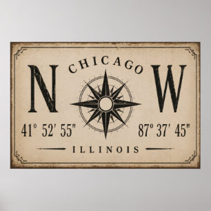 Vintage Chicago Coordinates Wall Art