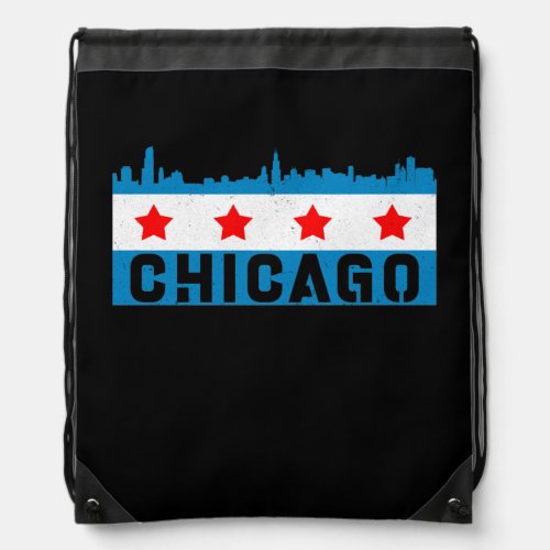 Vintage Chicago Flag Skyline Drawstring Bag