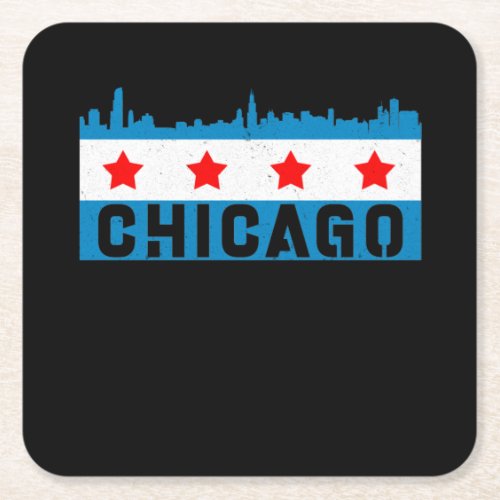 Vintage Chicago Flag Skyline Square Paper Coaster