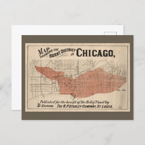 Vintage Chicago Great Fire Map 1871 Postcard