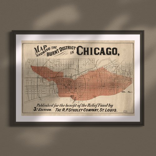 Vintage Chicago Great Fire Map 1871 Poster