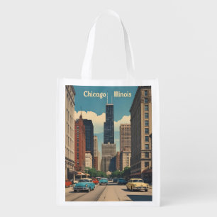 Vintage Chicago Illinois City Skyline Retro Travel Grocery Bag