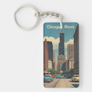 Vintage Chicago Illinois City Skyline Retro Travel Keychain