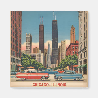 Vintage Chicago Illinois City Skyline Retro Travel Magnet