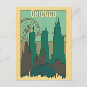 Vintage Chicago Illinois City Skyline Retro Travel Postcard