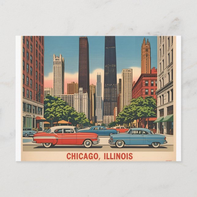 Vintage Chicago Illinois City Skyline Retro Travel Postcard (Front)