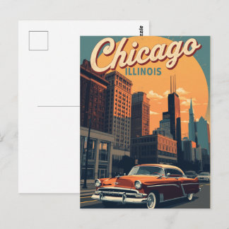 Vintage Chicago Illinois City Skyline Retro Travel Postcard