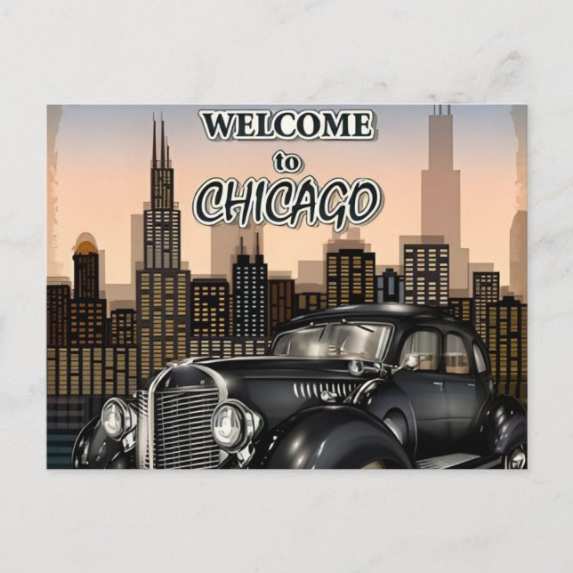 Vintage Chicago Illinois City Skyline Retro Travel Postcard (Front)