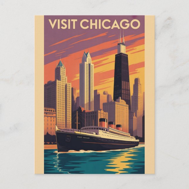 Vintage Chicago Illinois City Skyline Retro Travel Postcard (Front)