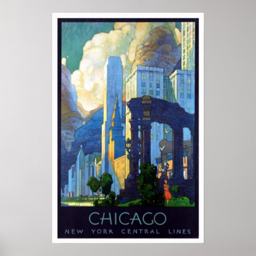 Vintage Chicago Illinois Train Travel Poster