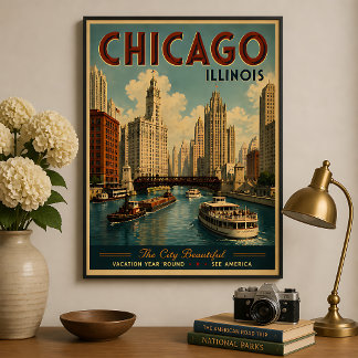 Vintage Chicago Illinois Travel  Poster