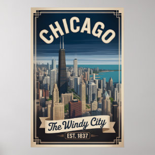Vintage Chicago Illinois Windy City Retro Travel Poster