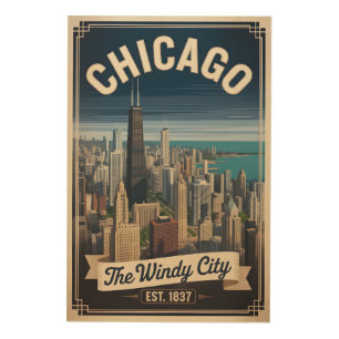 Vintage Chicago Illinois Windy City Retro Travel Wood Wall Art